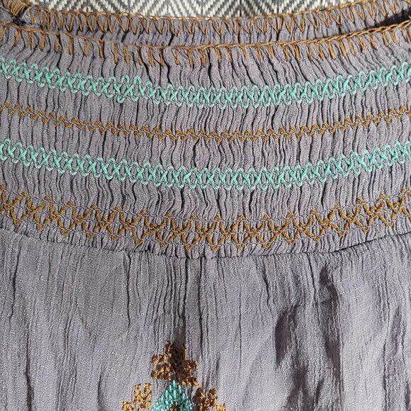 THML Scrunch Off The Shoulder Gray With Brown & Teal Embroidery Aztec Design Top - Picture 7 of 10